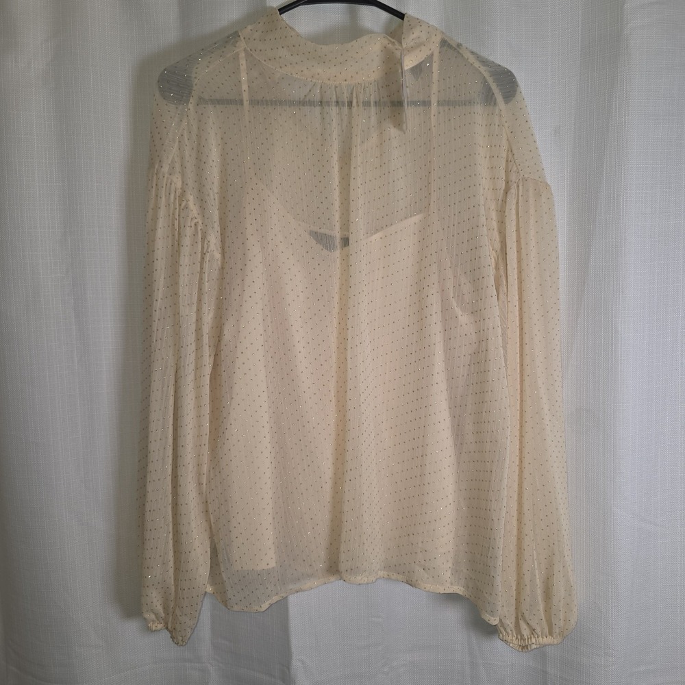 Sanctuary Womens L Cream Gold Metallic Foil Dot Mock Neck Blouse NWT‎